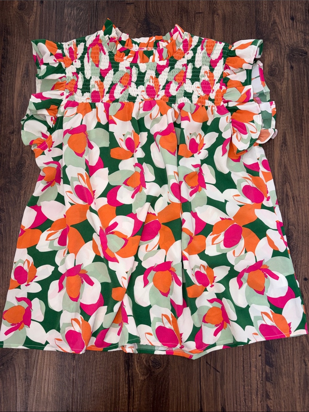 BiBi Floral Smocked Top - Green, Pink & Orange